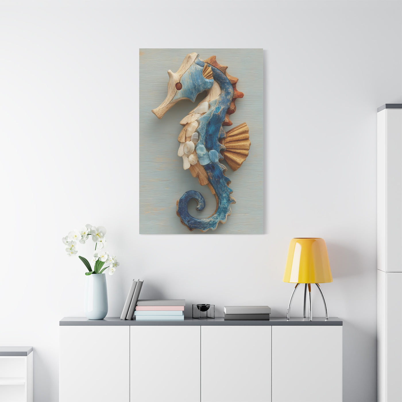 Driftwood Seahorse Coastal Sculpture Wall Art & Canvas Print