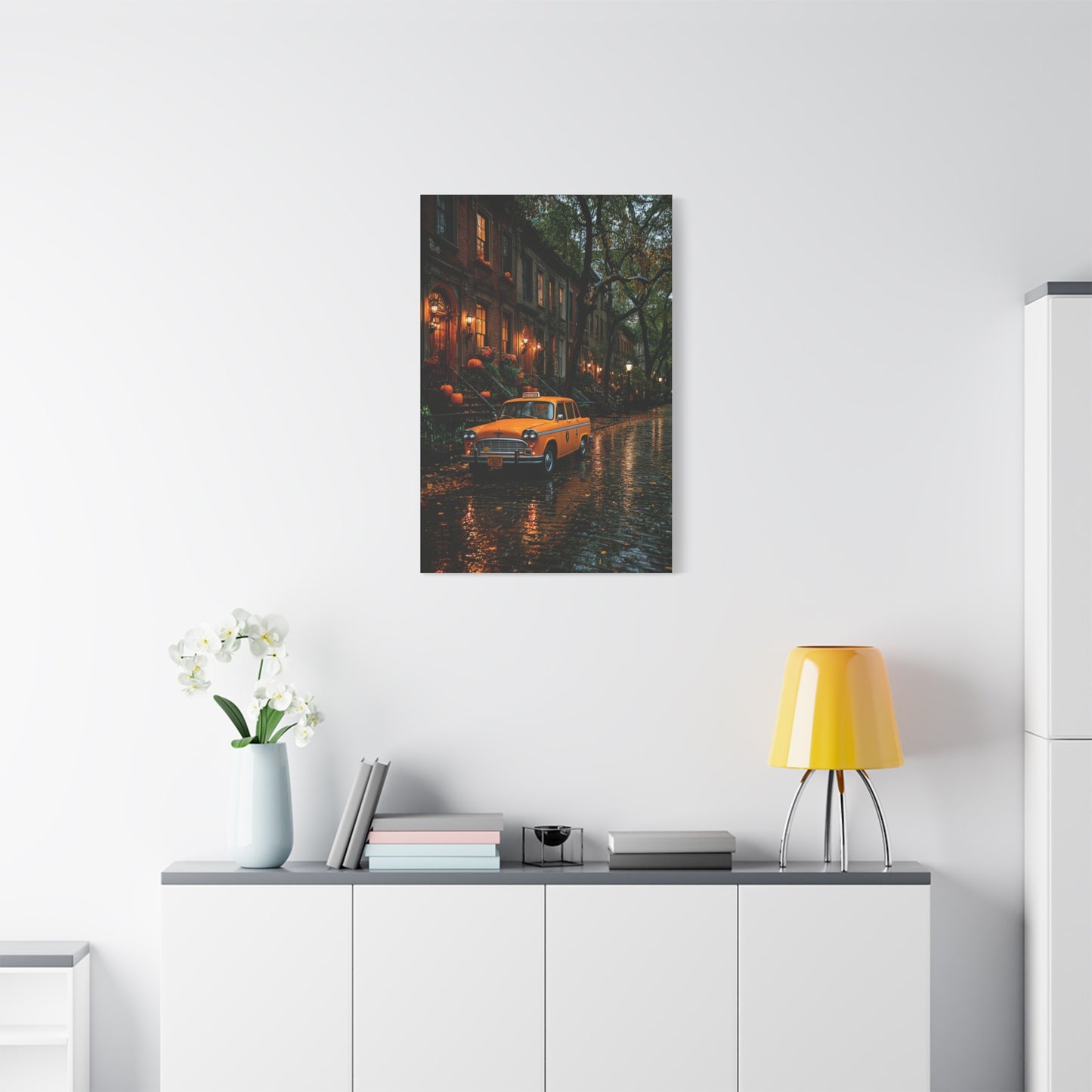 Rainy Autumn Brownstone Street Wall Art & Canvas Print