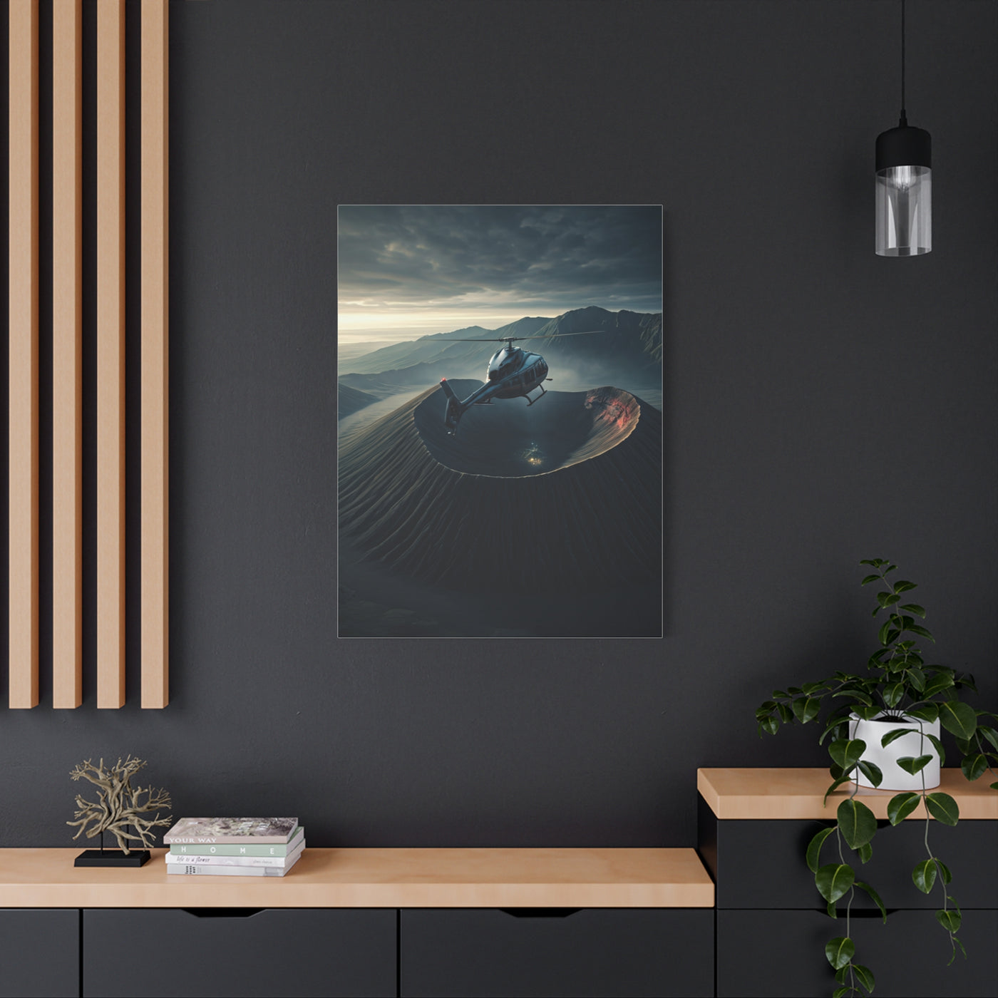 Helicopter Over Volcano Crater Wall Art & Canvas Prints