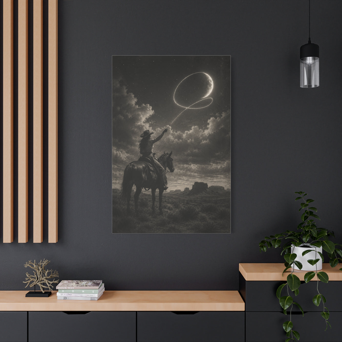 Cowgirl Moon Lasso Silhouette Scene Wall Art & Canvas Print