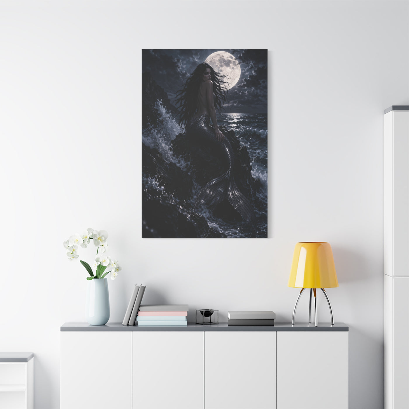 Midnight Moon Siren on the Rocks Wall Art & Canvas Print
