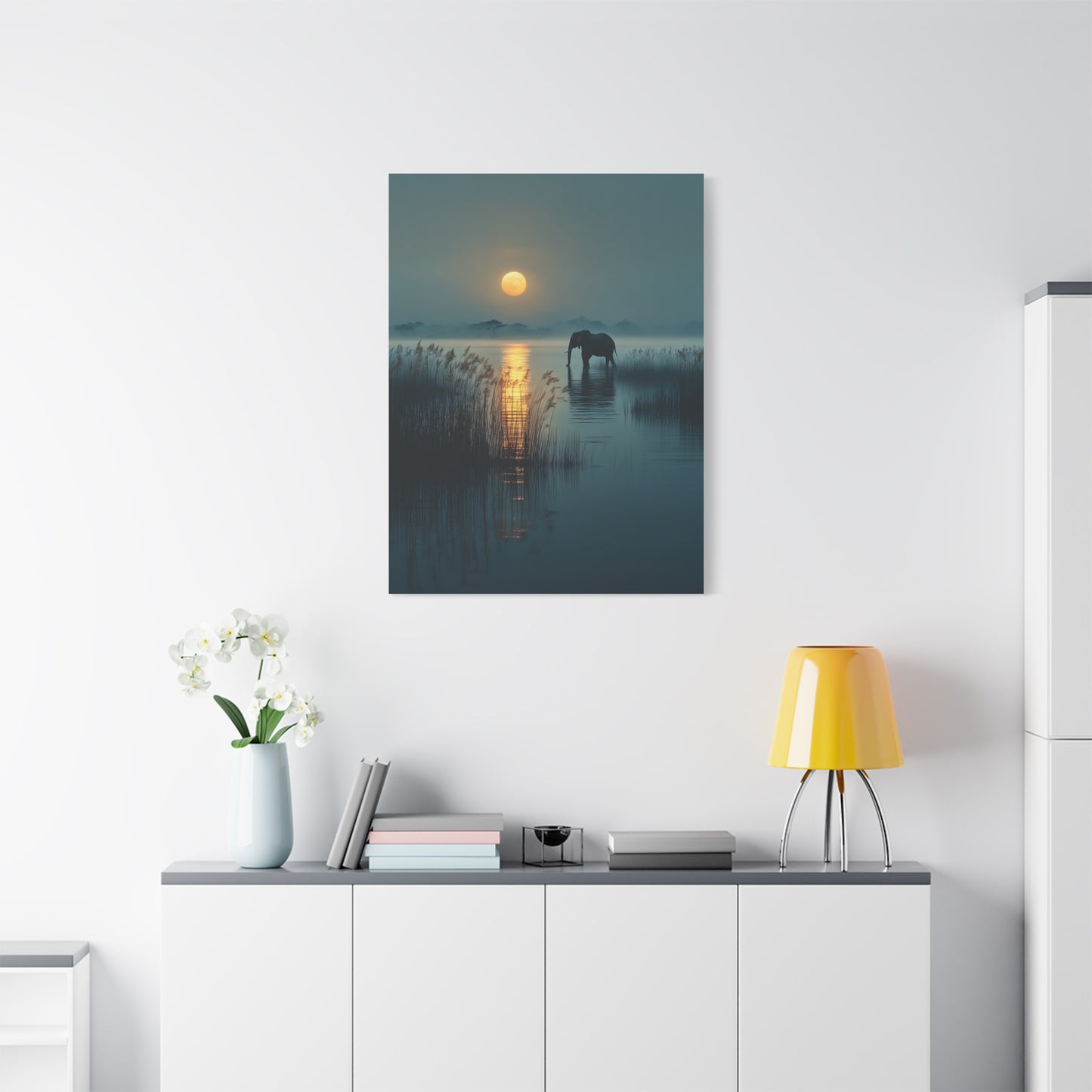 Moonlit Elephant Lake Reflection Wall Art & Canvas Print