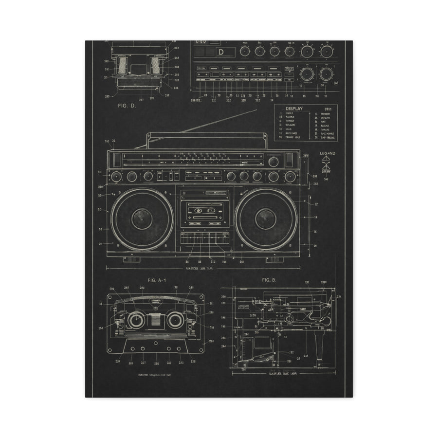 Vintage Boombox Blueprint Illustration Wall Art & Canvas Print