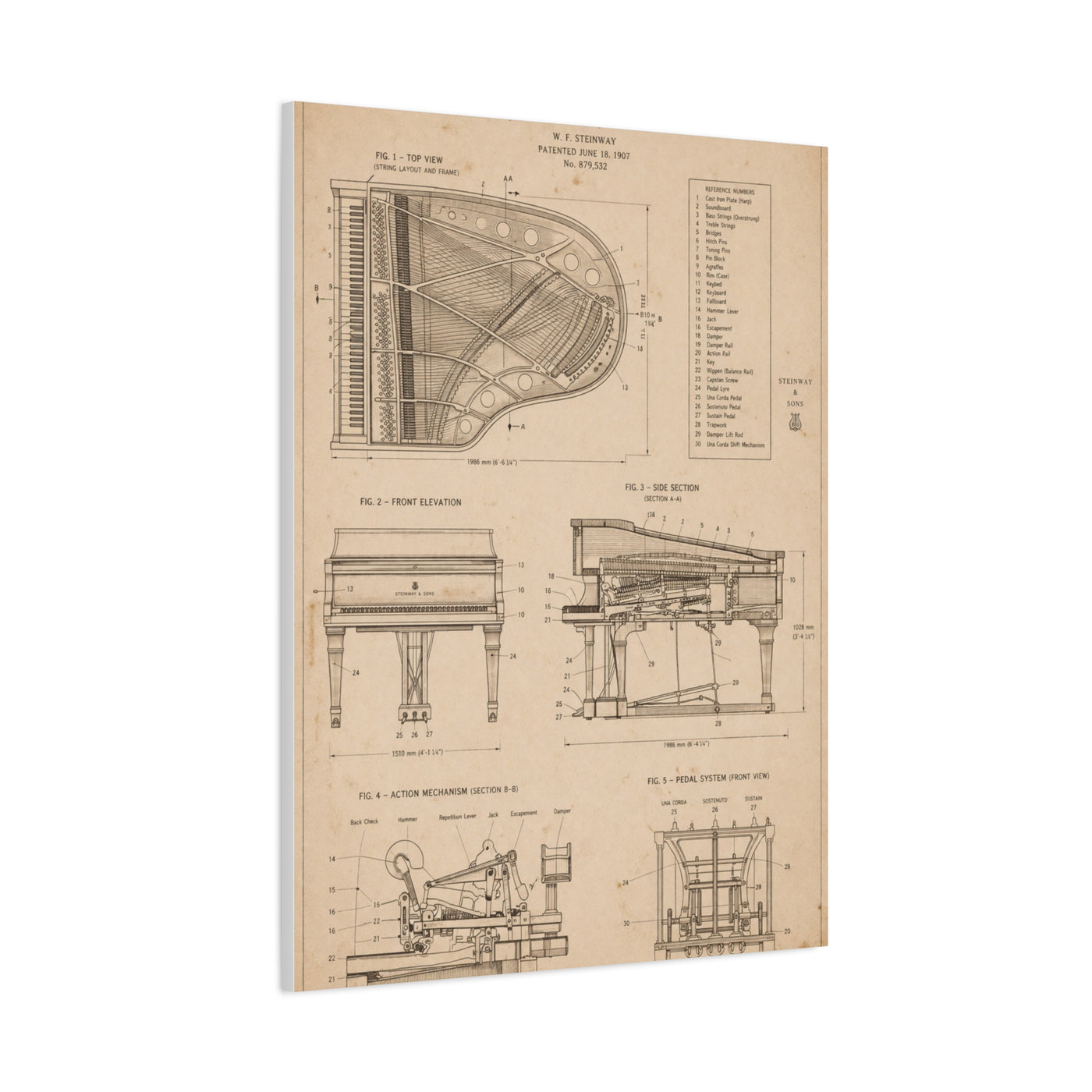 Steinway Grand Piano Technical Diagram Wall Art & Canvas Print
