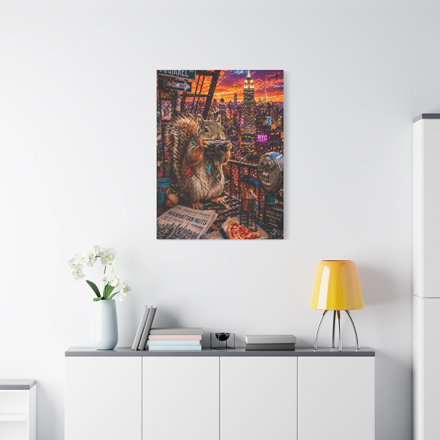 Surreal NYC Squirrel Rooftop Scene Wall Art & Canvas Print