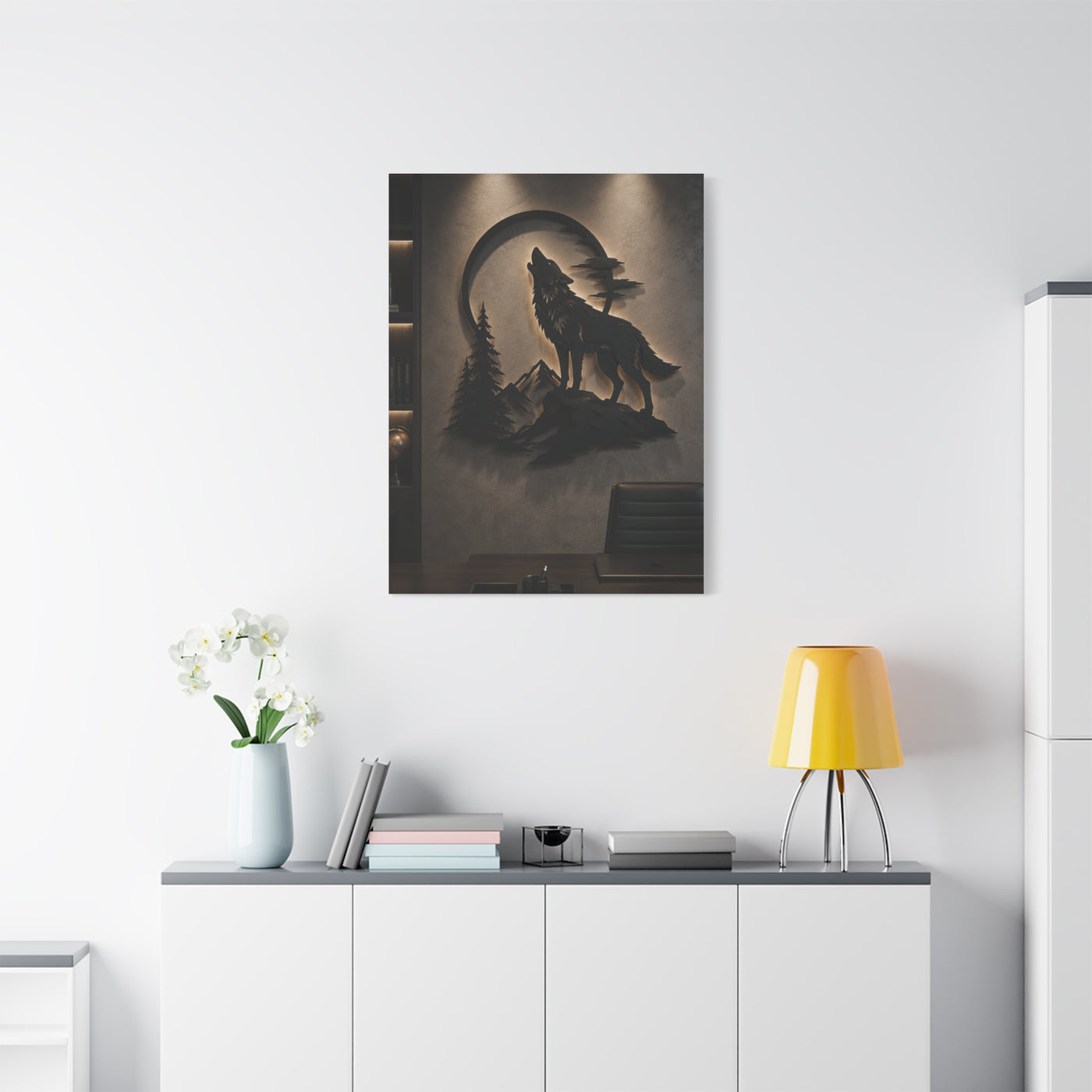Minimal Howling Wolf Moon Relief Panel Wall Art & Canvas Print