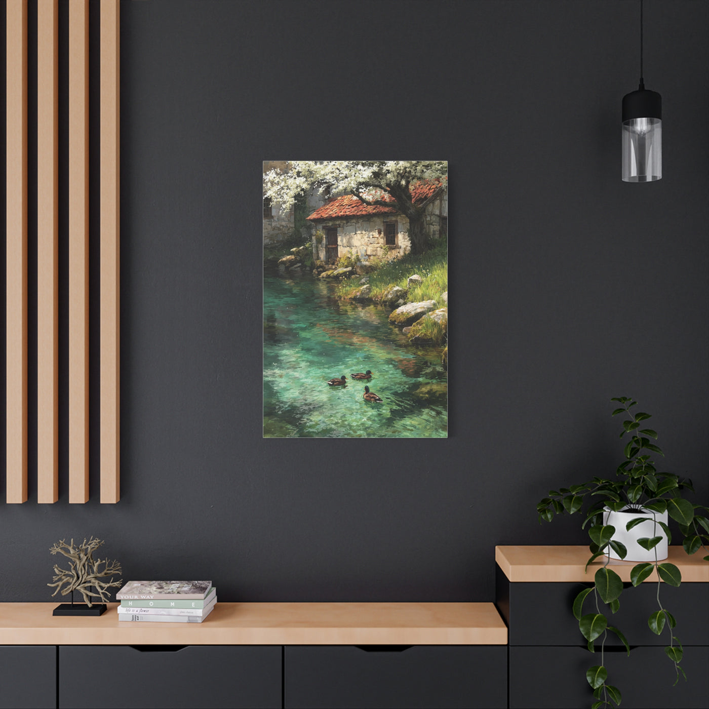 Spring Farmhouse Stream Scene Wall Art & Canvas Print