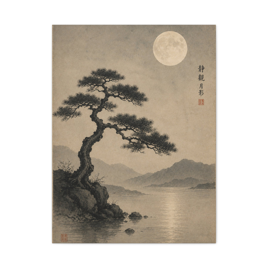 Moonlit Pine Serenity Ink Landscape Wall Art & Canvas Print