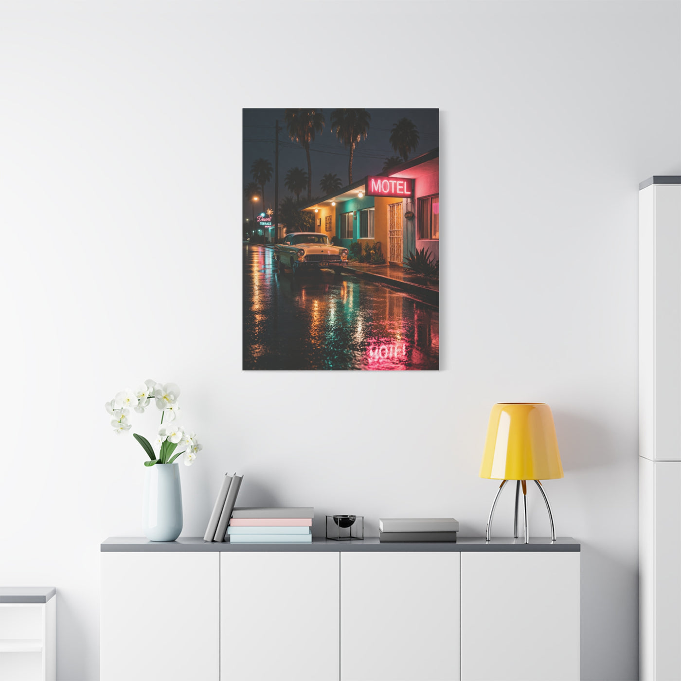 Neon Motel Night Reflection Wall Art & Canvas Print