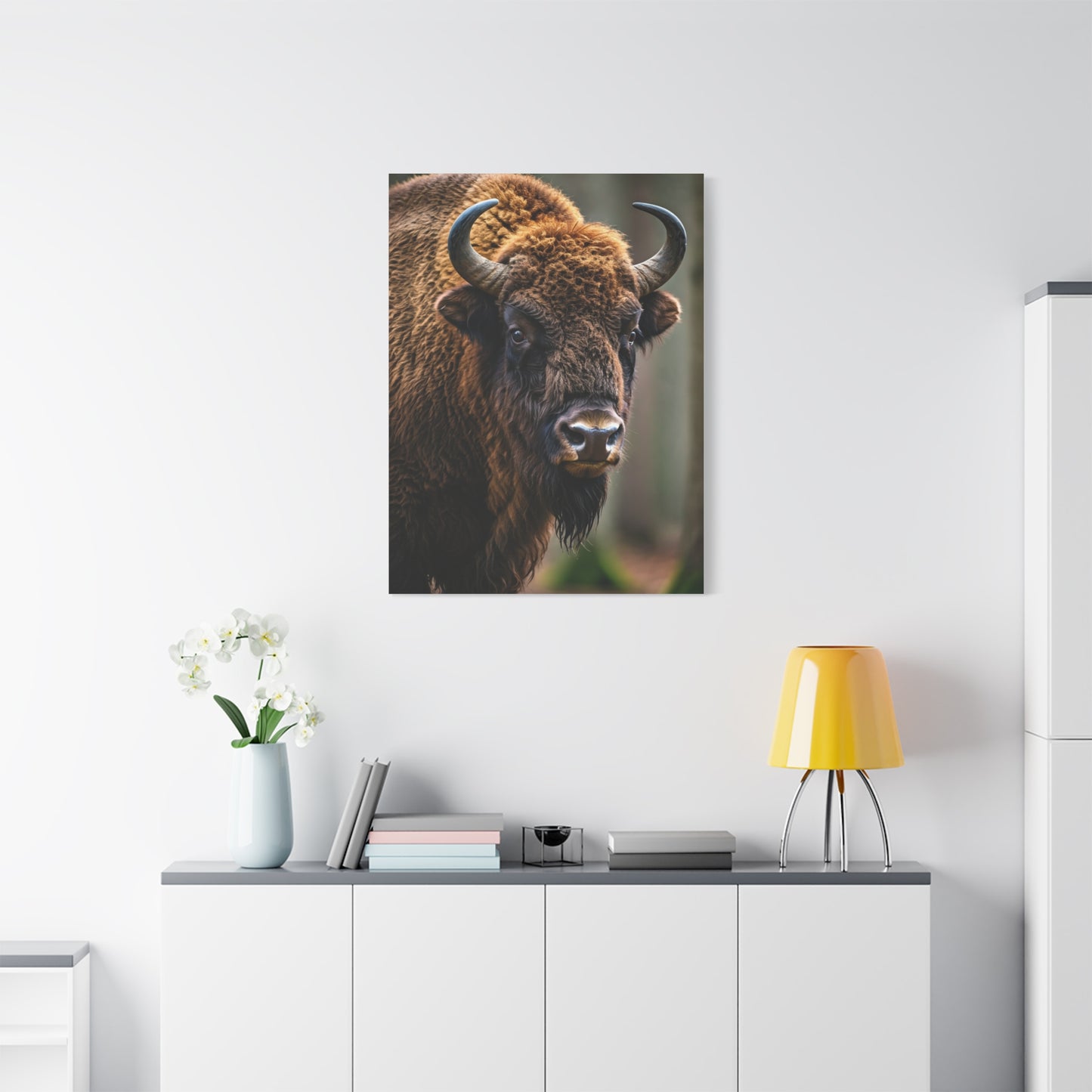 Wood Bison Close-Up with Soft Forest Backdrop Wall Art & Canvas Print