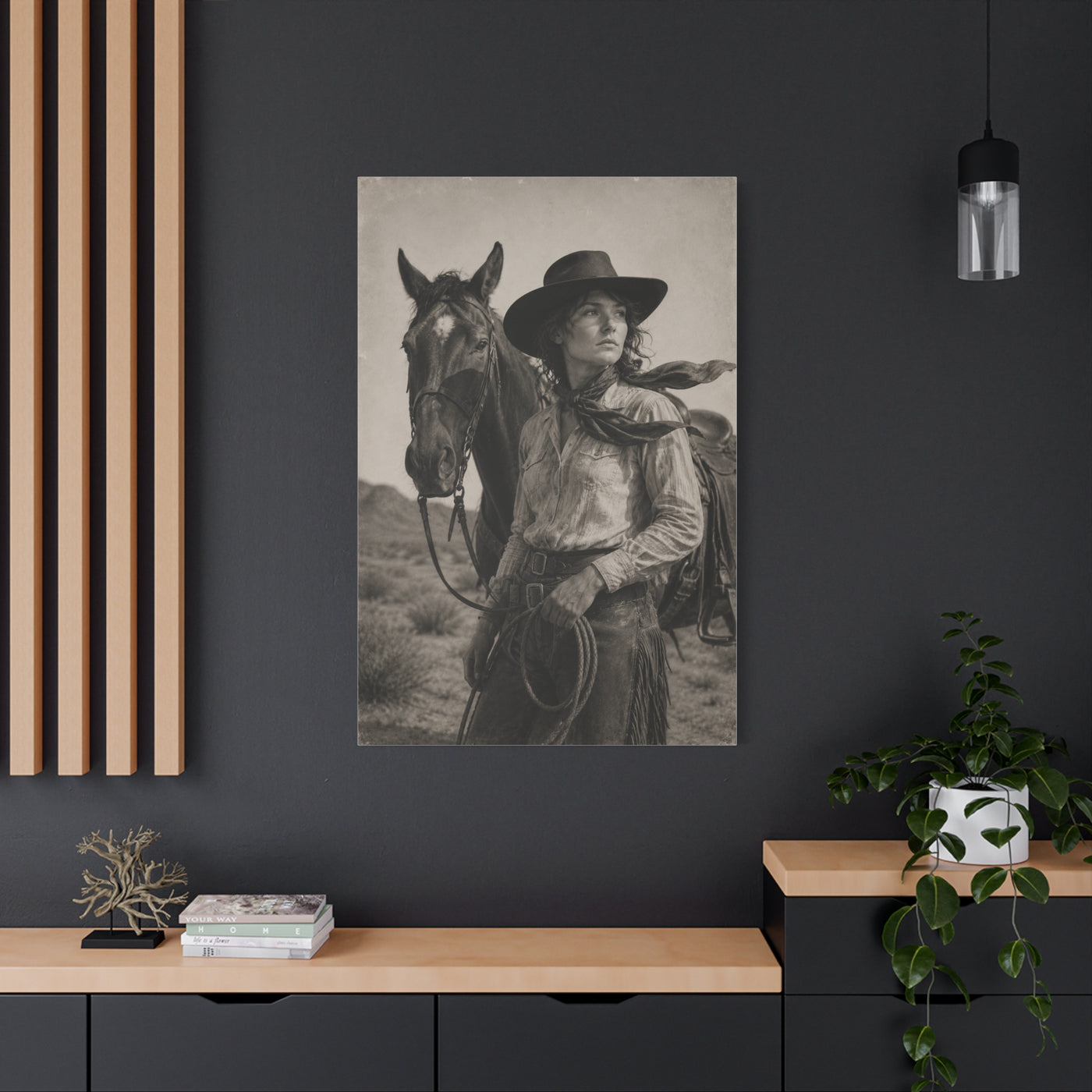 Black & White Cowgirl Portrait with Horse Wall Art & Canvas Print