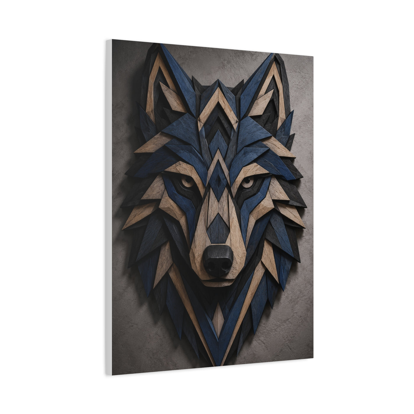 Layered Blue Geometric Wolf Head Sculpture Wall Art & Canvas Print
