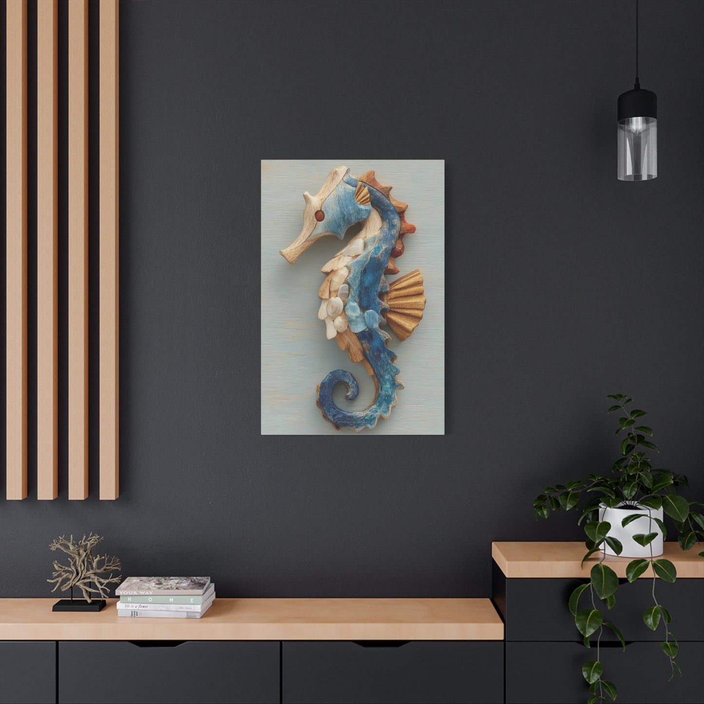 Driftwood Seahorse Coastal Sculpture Wall Art & Canvas Print