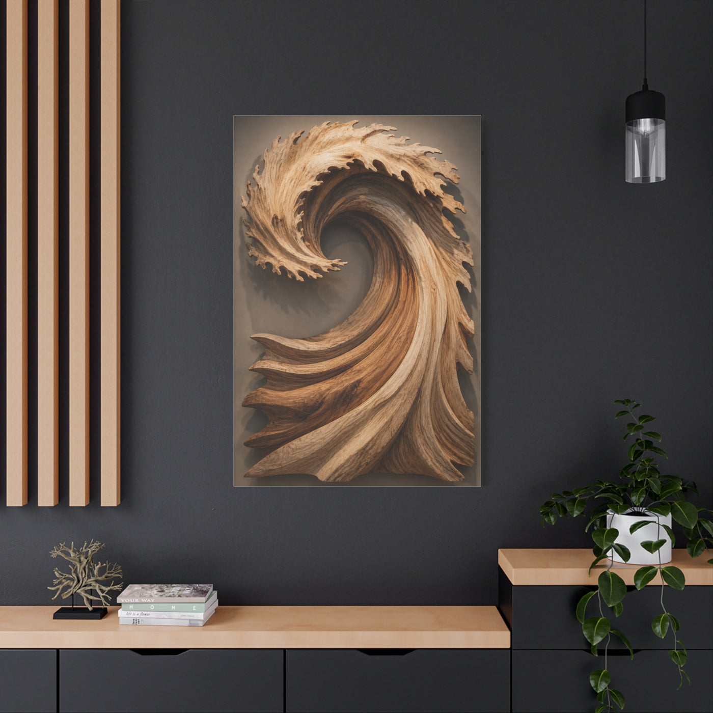 Hand-Carved Wooden Crest Wave Sculpture Wall Art & Canvas Print