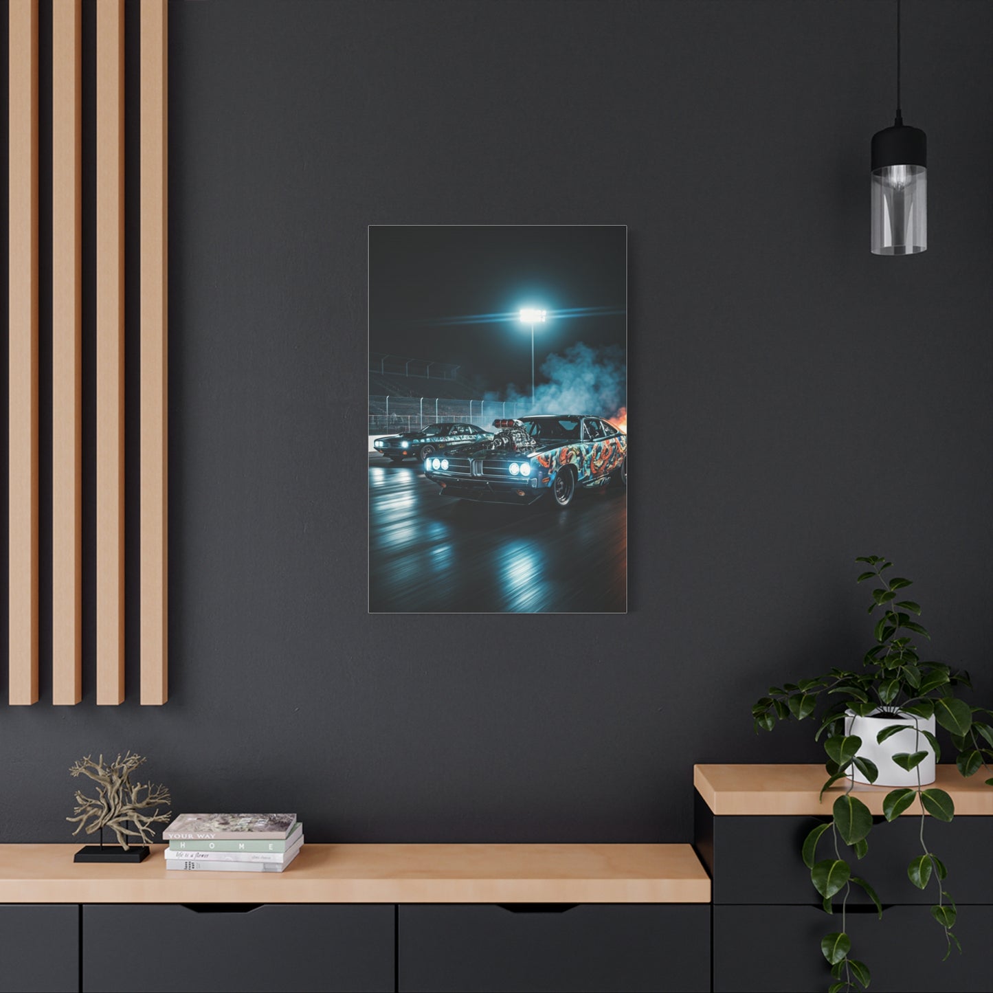 1970 Dodge Charger R/T vs 1970 Plymouth Barracuda Night Drag Duel Wall Art & Canvas Prints