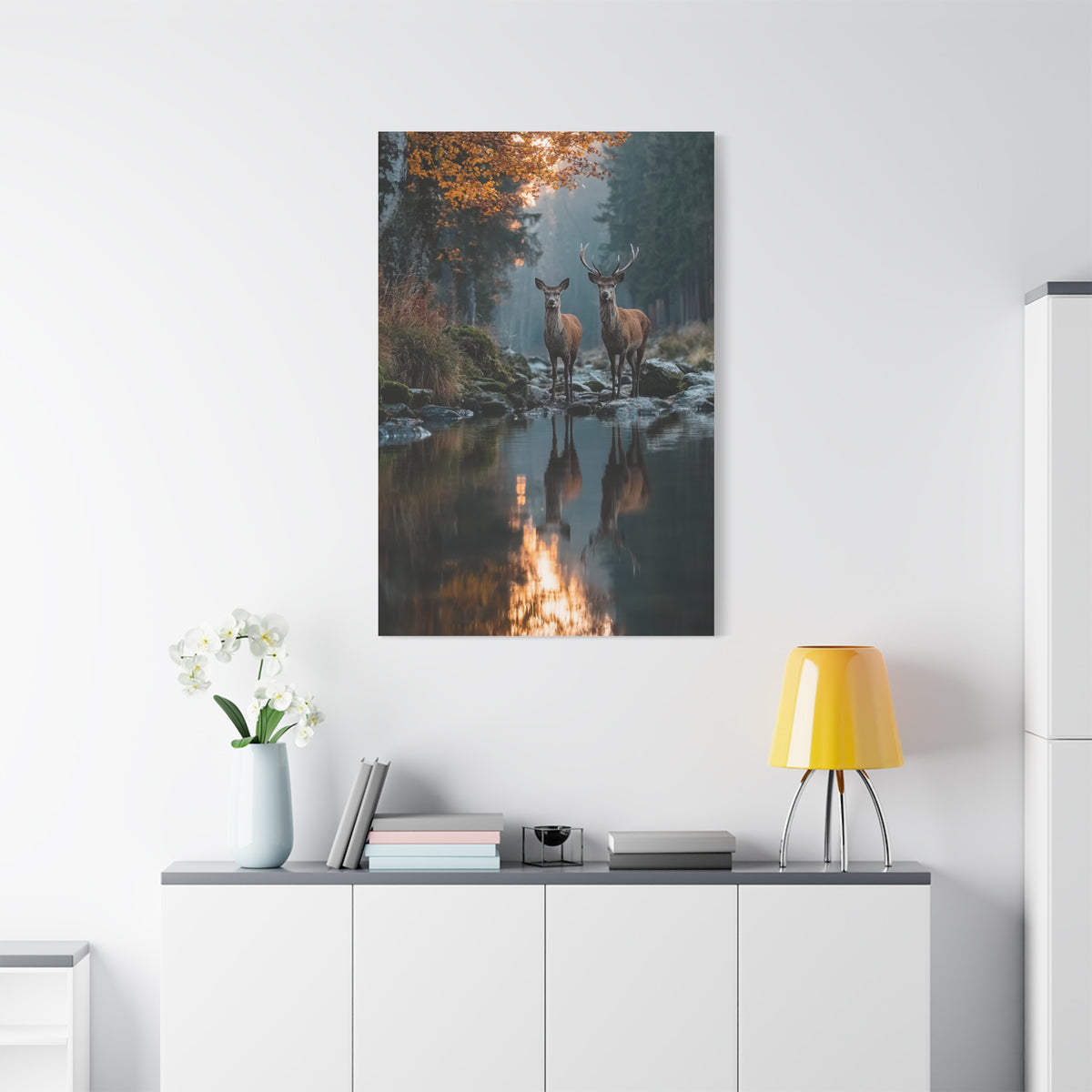 Autumn Forest Deer Reflection Wall Art & Canvas Print
