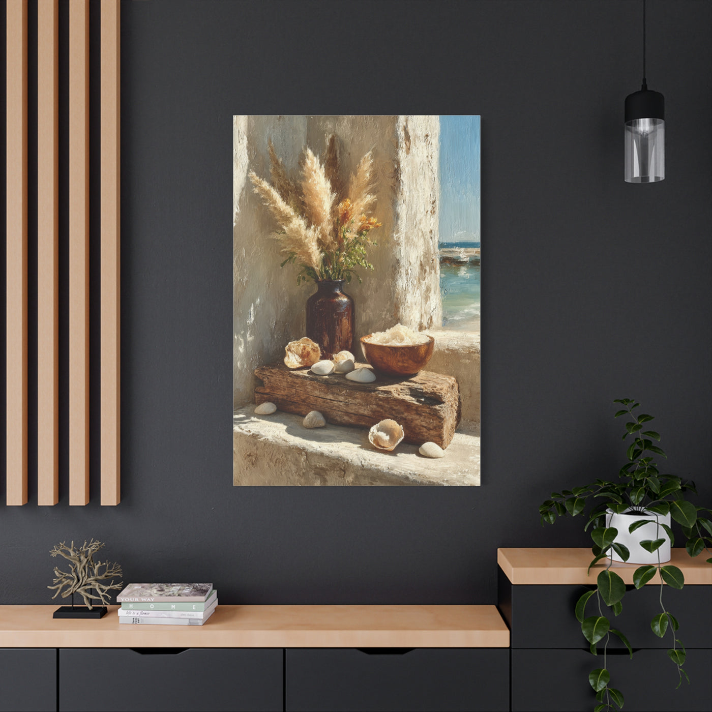 Driftwood Coastal Still Life with Pampas Wall Art & Canvas Print