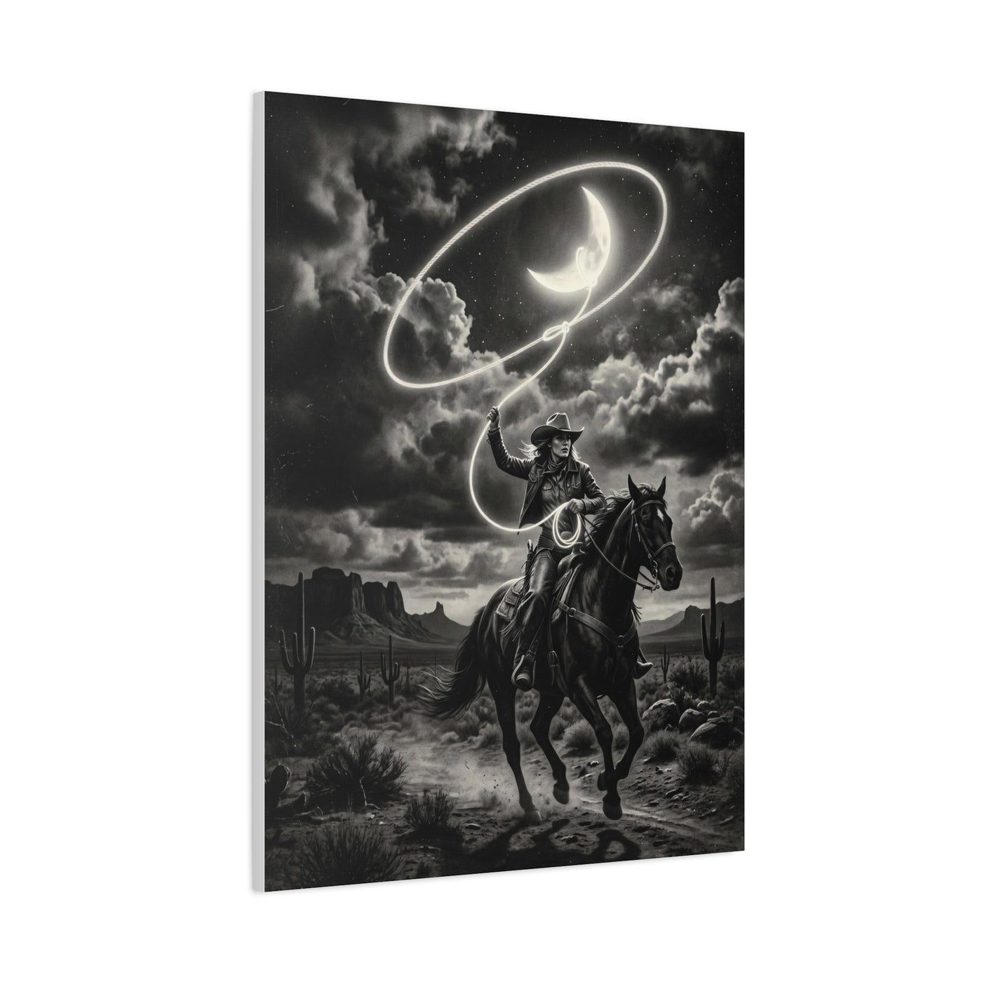 Moon Lasso Cowgirl Night Scene Wall Art & Canvas Print