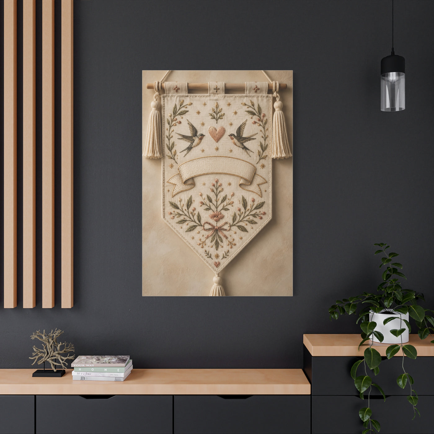 Hand-Embroidered Romantic Birds Textile Wall Art & Canvas Print