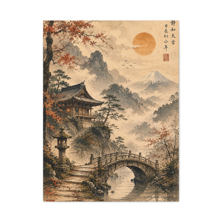 Kyoto Temple Bridge Mist Landscape Wall Art & Canvas Print