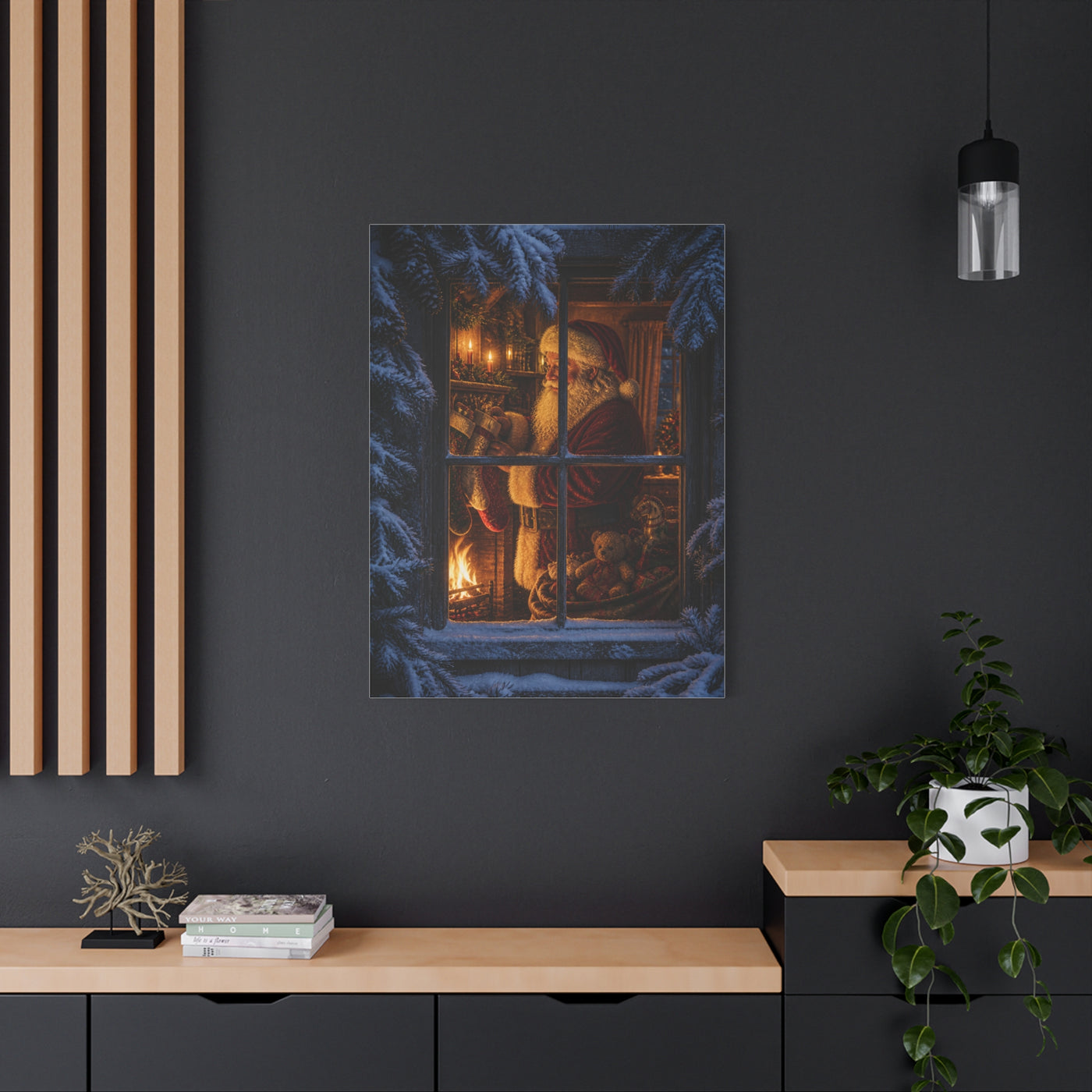 Snowy Cottage Window Santa Scene Wall Art & Canvas Print