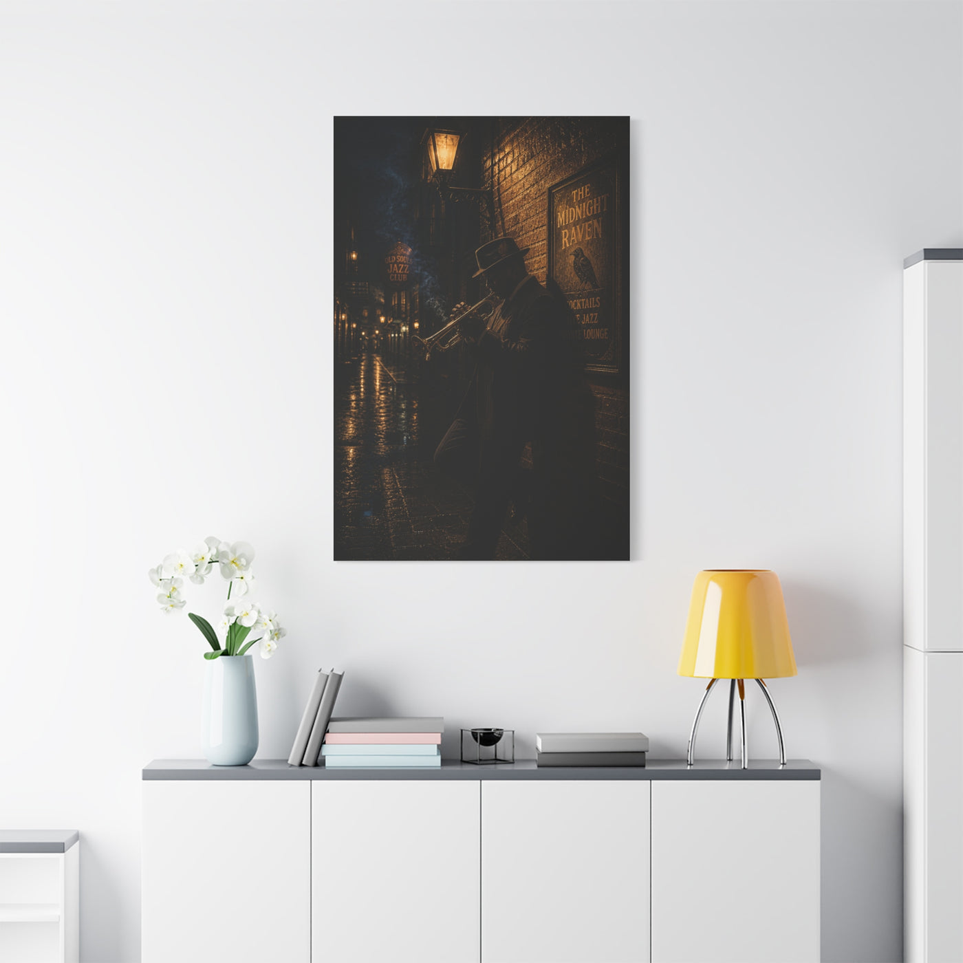 Midnight Jazz Alley Trumpeter Wall Art & Canvas Print