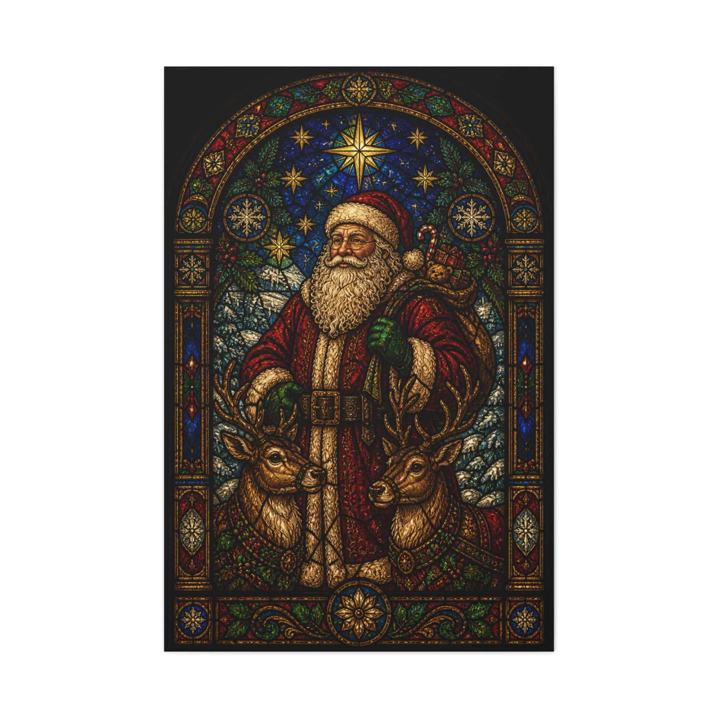 Stained Glass Santa and Reindeer Wall Art & Canvas Print