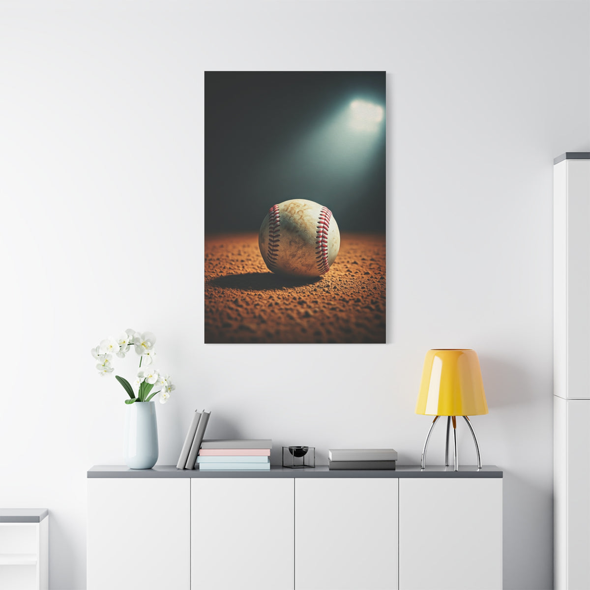 Baseball on Dirt Field Under Stadium Light Wall Art & Canvas Prints