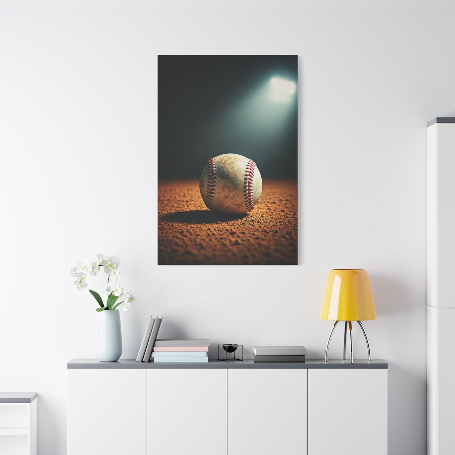 Baseball on Dirt Field Under Stadium Light Wall Art & Canvas Prints