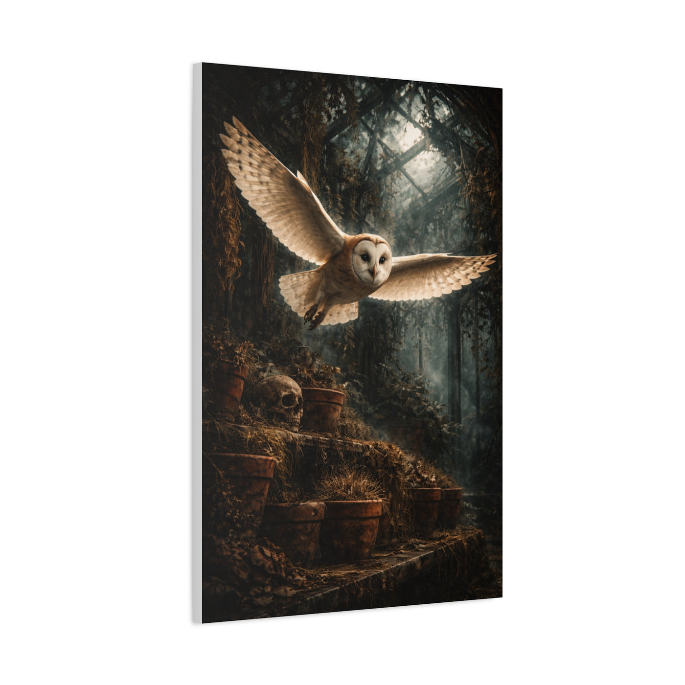 Gothic Greenhouse Flying Barn Owl Wall Art & Canvas Print