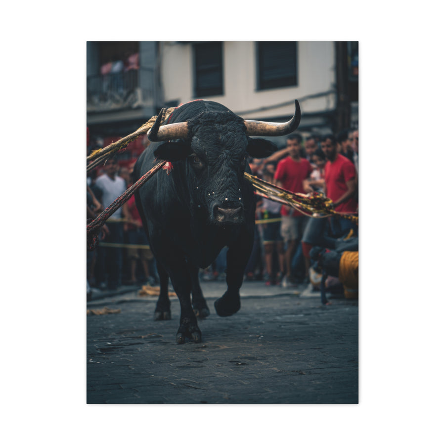 Bull Guided Through Festival Streets Wall Art & Canvas Print