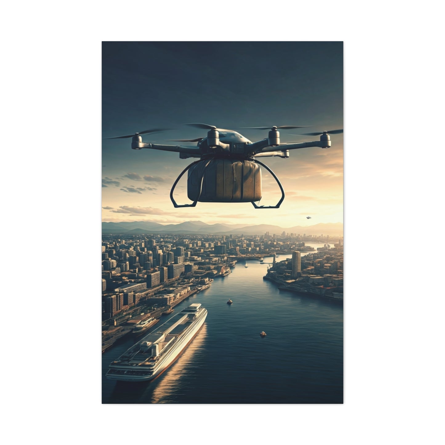 Futuristic Delivery Drone Over City Wall Art & Canvas Prints