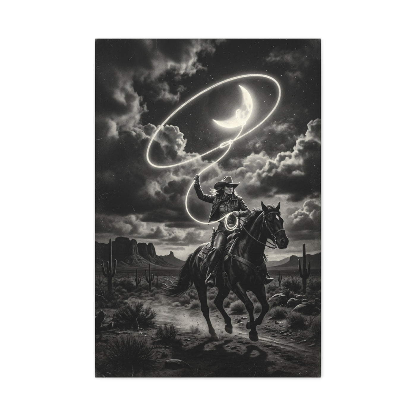 Moon Lasso Cowgirl Night Scene Wall Art & Canvas Print