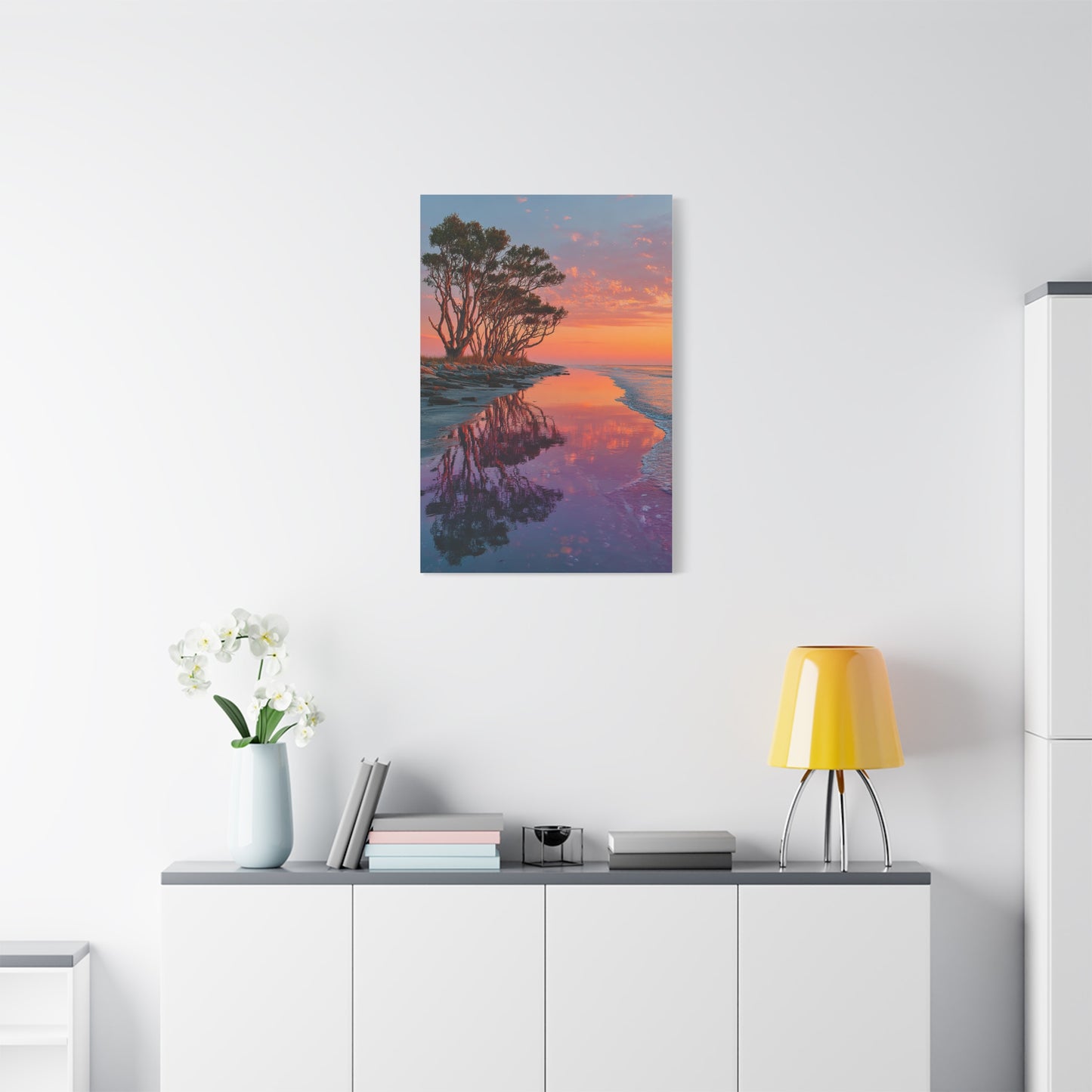 Driftwood Coastal Reflection Sunrise Wall Art & Canvas Print