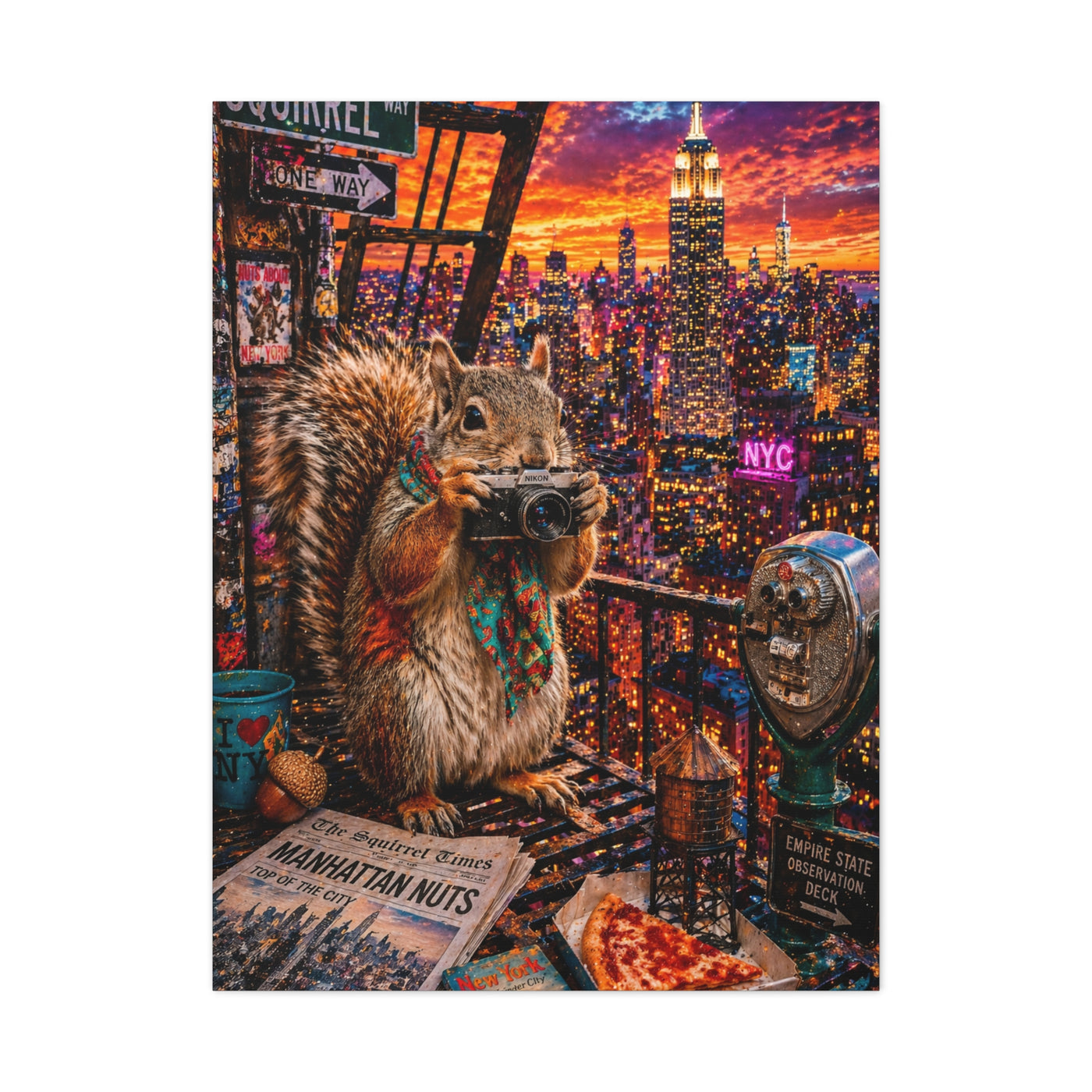 Surreal NYC Squirrel Rooftop Scene Wall Art & Canvas Print