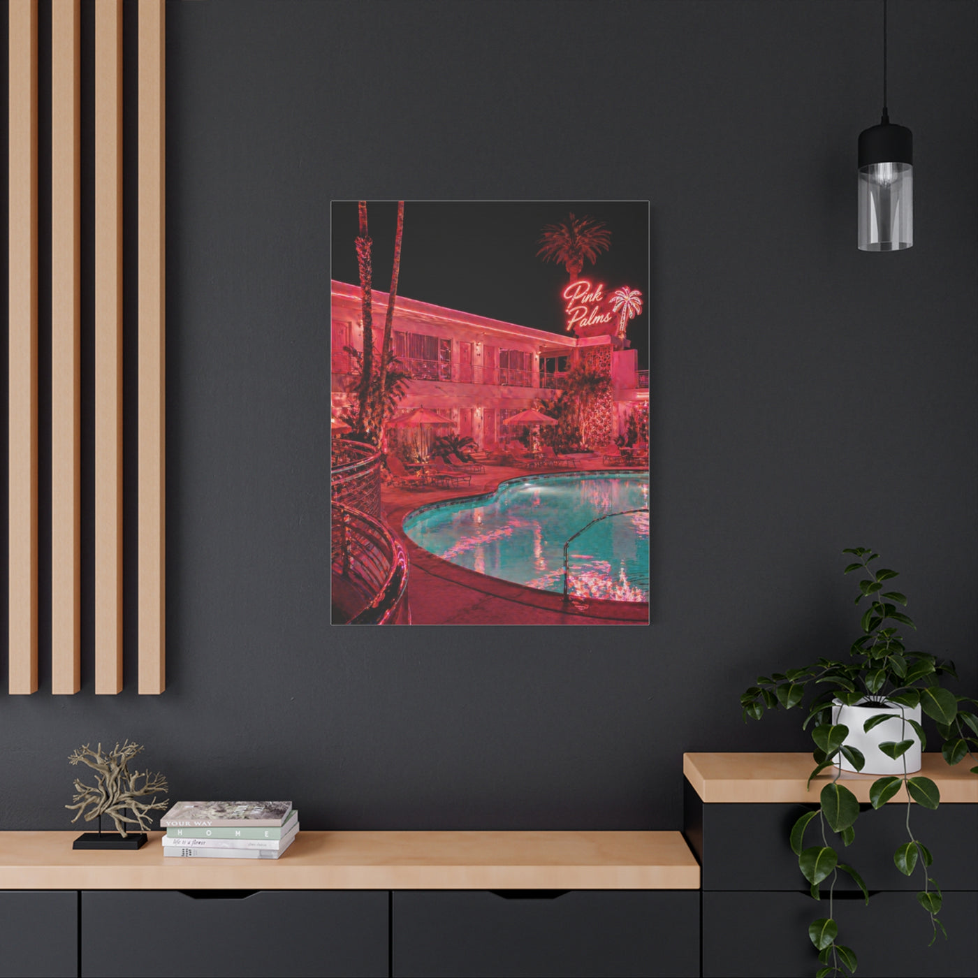 Pink Neon Pool Night Scene Wall Art & Canvas Print