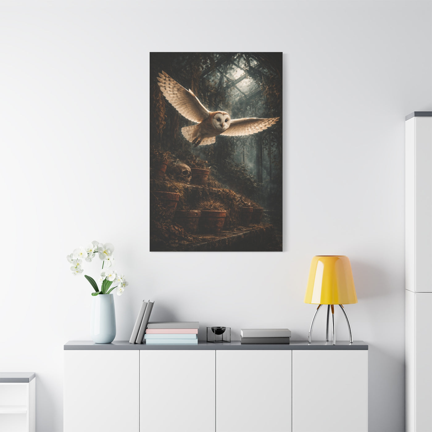 Gothic Greenhouse Flying Barn Owl Wall Art & Canvas Print