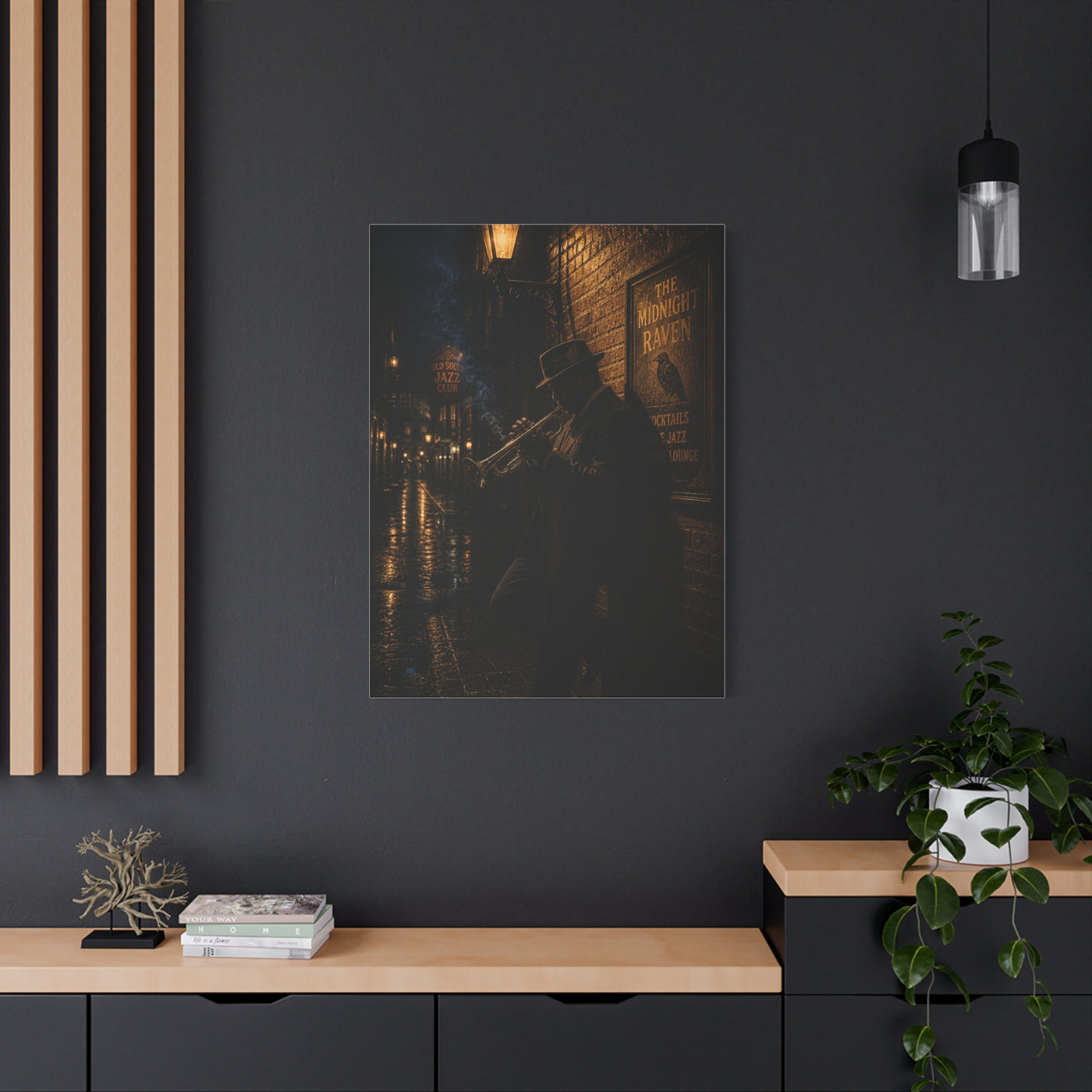 Midnight Jazz Alley Trumpeter Wall Art & Canvas Print