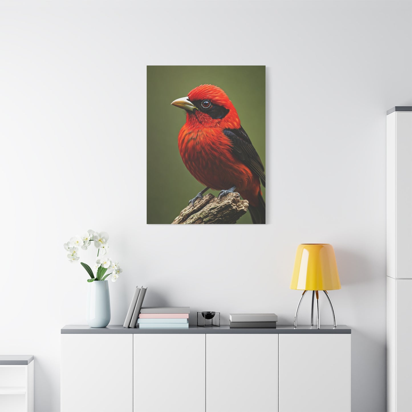 Scarlet Tanager Perched on Forest Branch Wall Art & Canvas Print