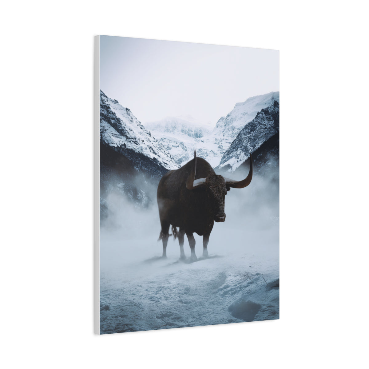 Lone Bull in Snowy Mountain Valley Wall Art & Canvas Print