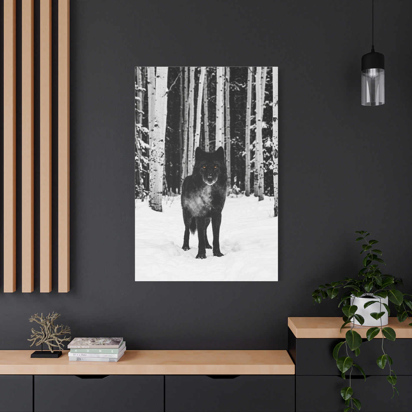 Snow Forest Black Wolf Minimal Scene Wall Art & Canvas Print