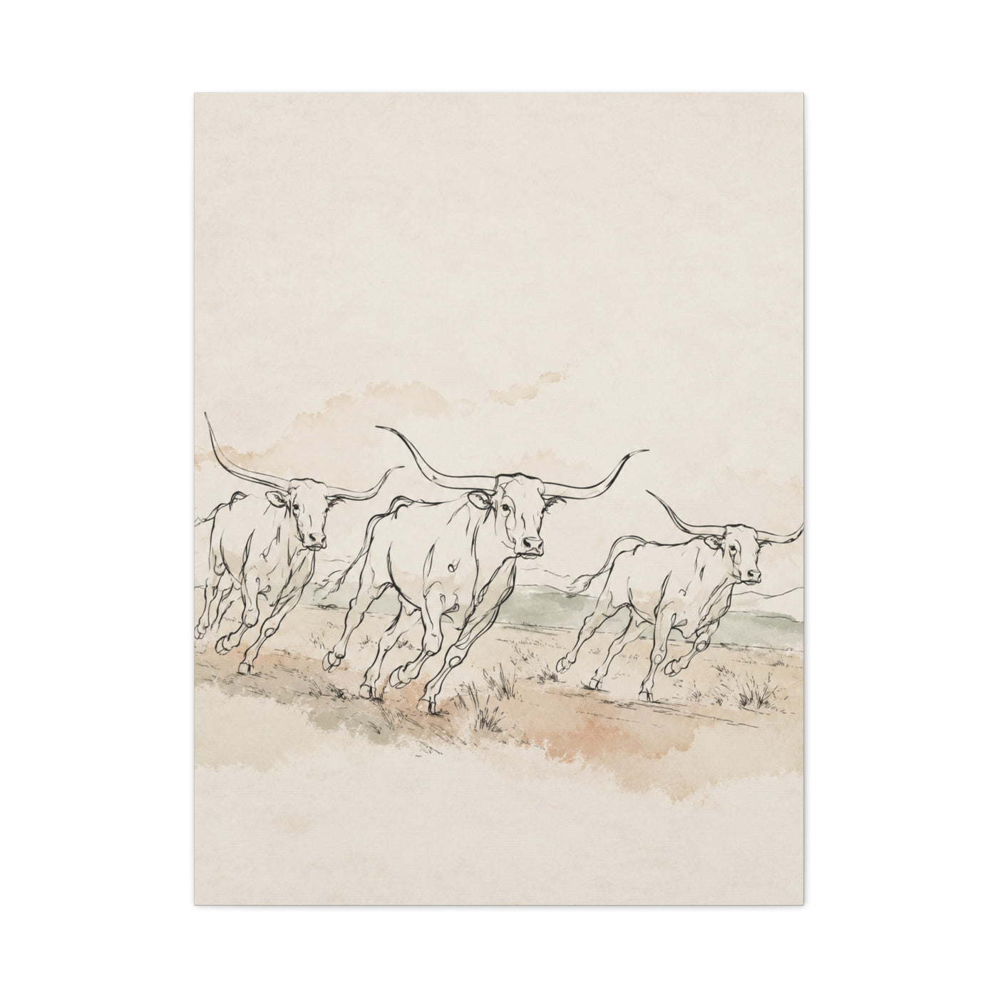 Running Longhorn Line Sketch Panorama Wall Art & Canvas Print