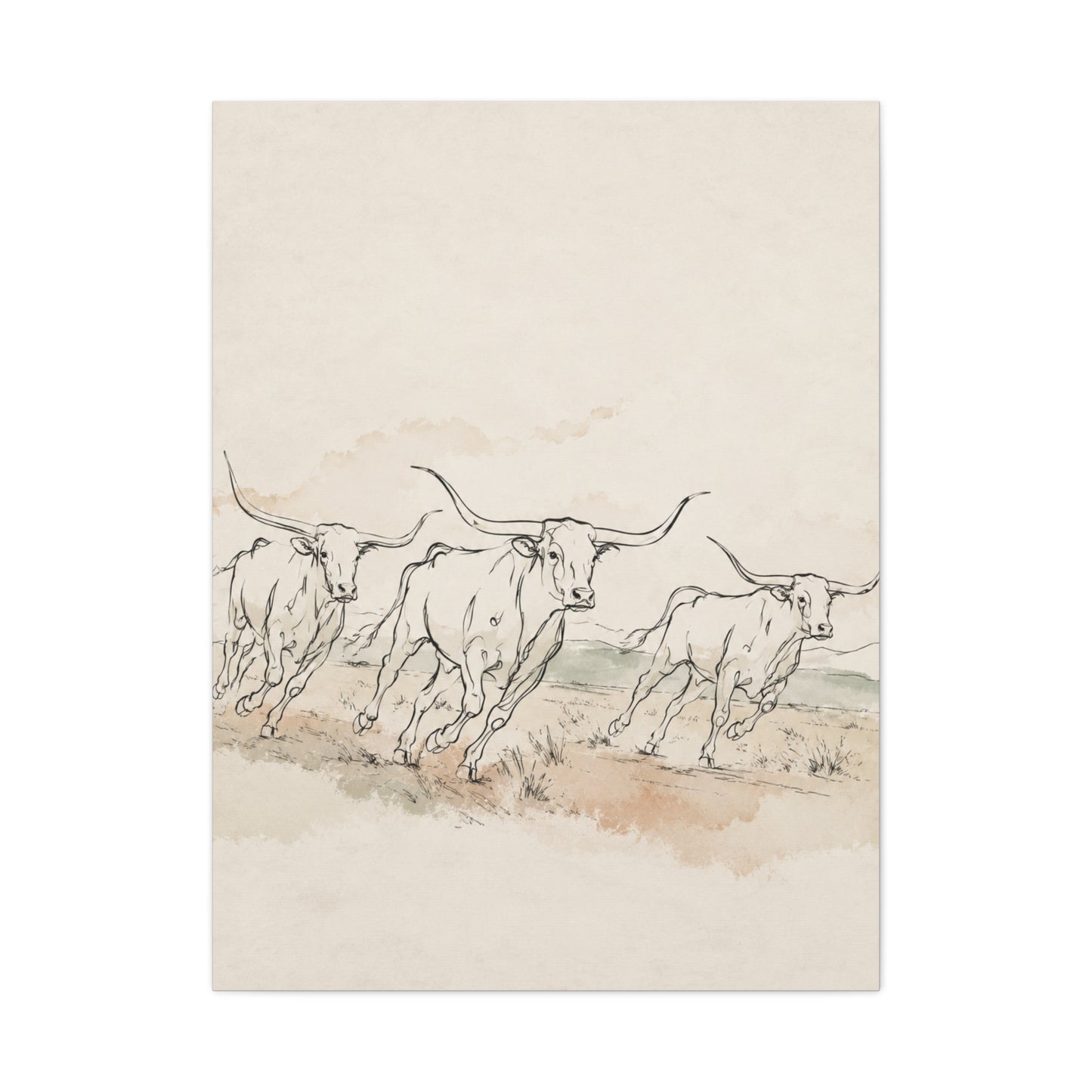 Running Longhorn Line Sketch Panorama Wall Art & Canvas Print