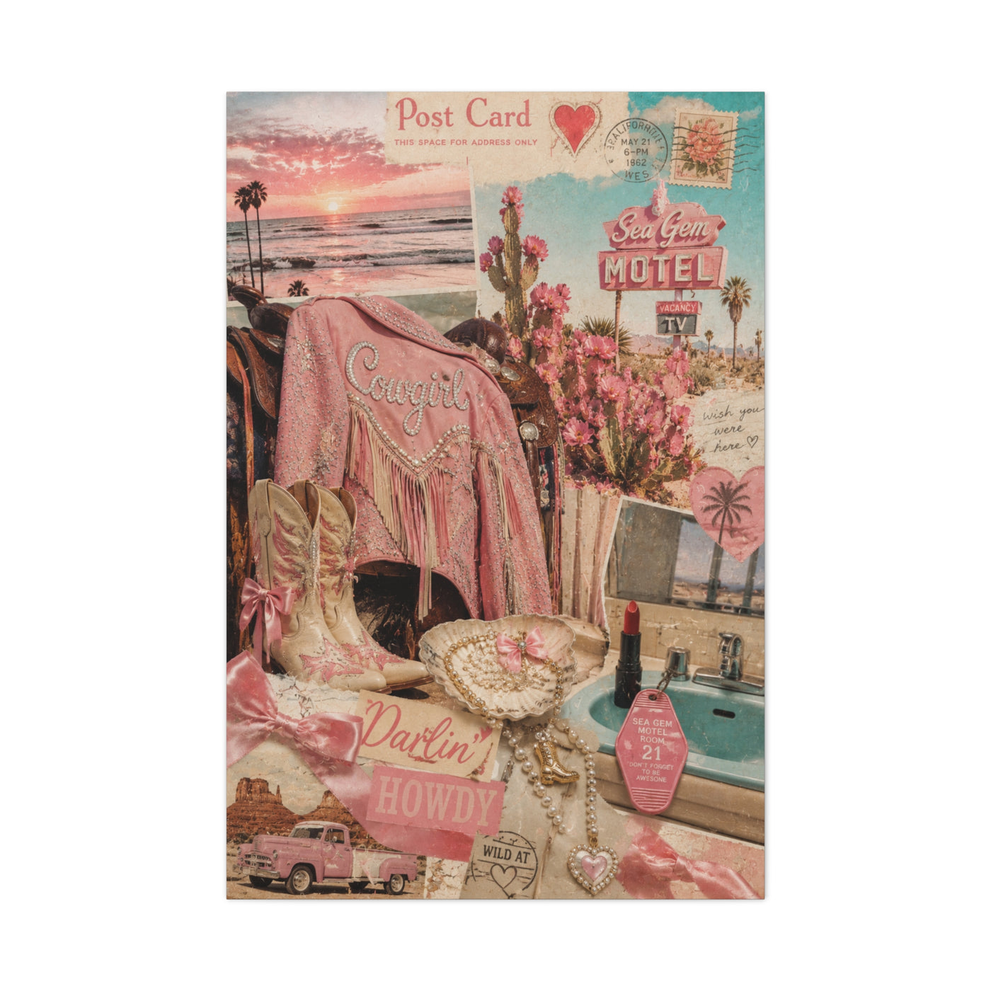Coquette Cowgirl Desert Postcard Collage Wall Art & Canvas Print