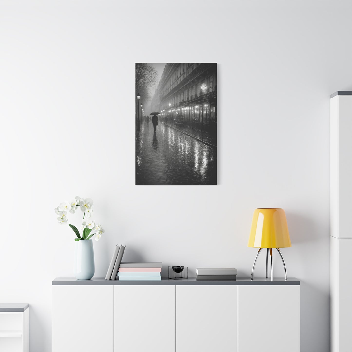 Rainy Paris Street Monochrome Wall Art & Canvas Print