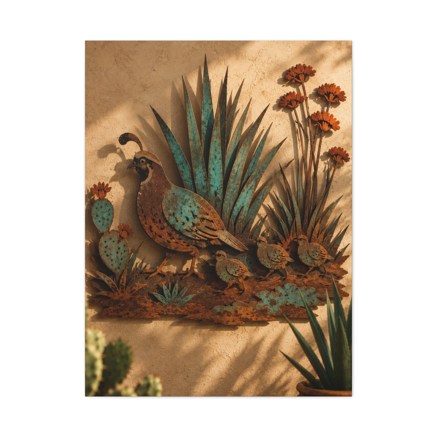 Quail Family Metal Relief Southwest Wall Art & Canvas Print