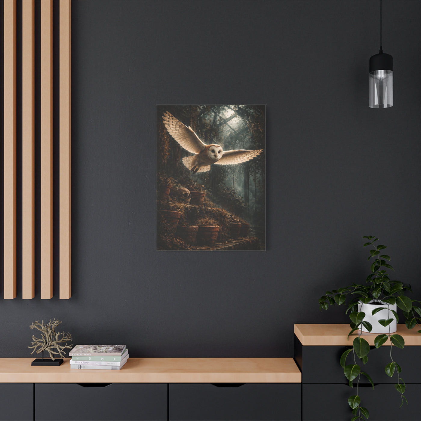 Gothic Greenhouse Flying Barn Owl Wall Art & Canvas Print