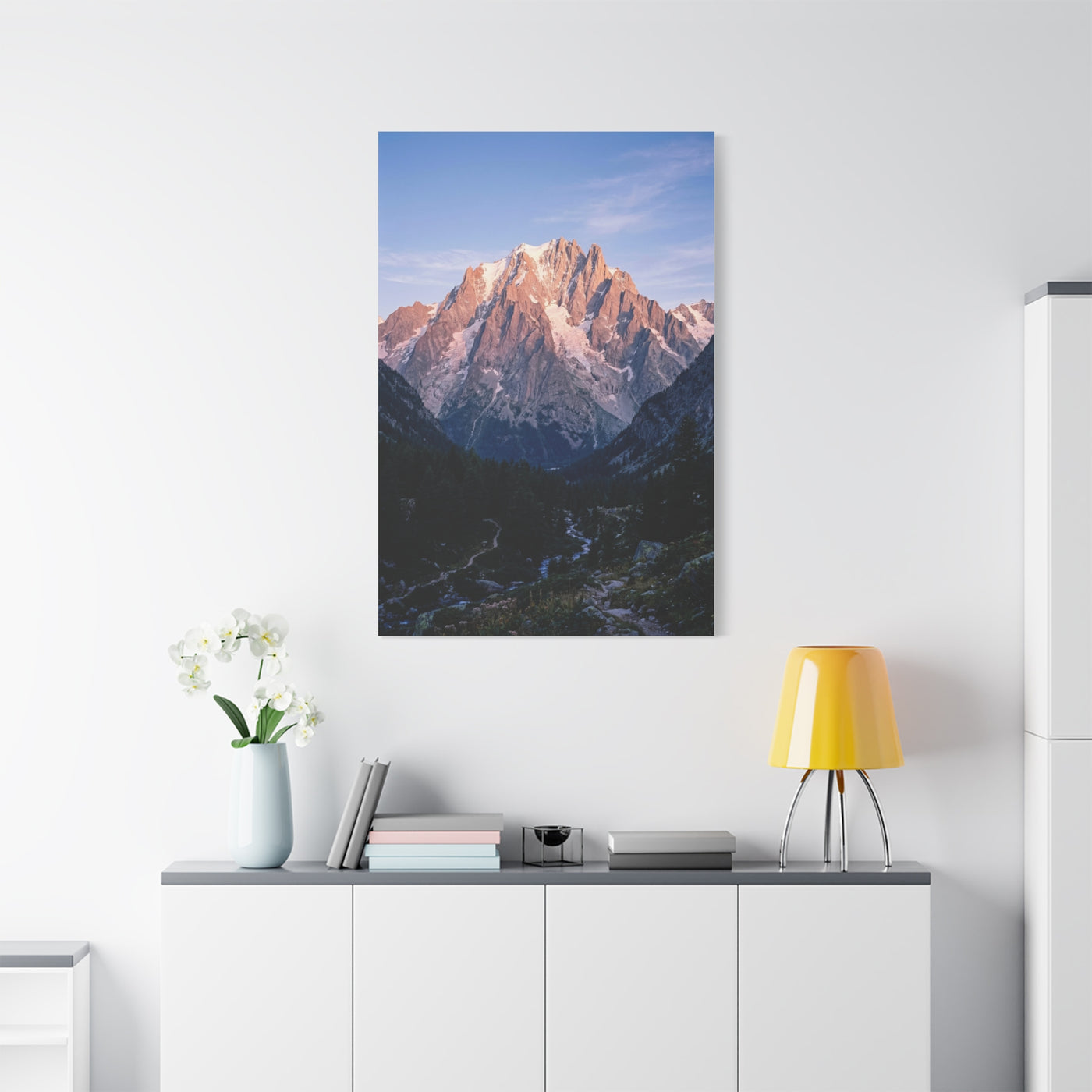 Sunlit Alpine Peak & Forest Valley Wall Art & Canvas Print
