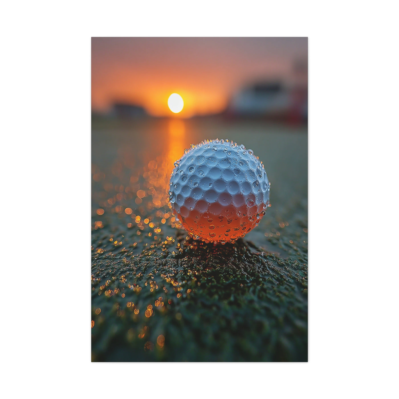 Dew-Covered Golf Ball Sunrise Macro Wall Art & Canvas Print
