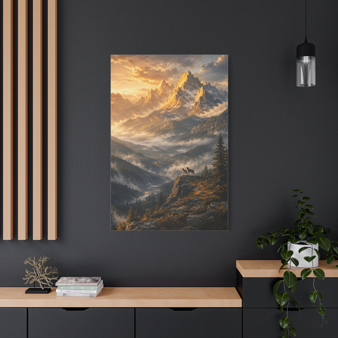 Golden Mountain Valley Wolf Pair Landscape Wall Art & Canvas Print